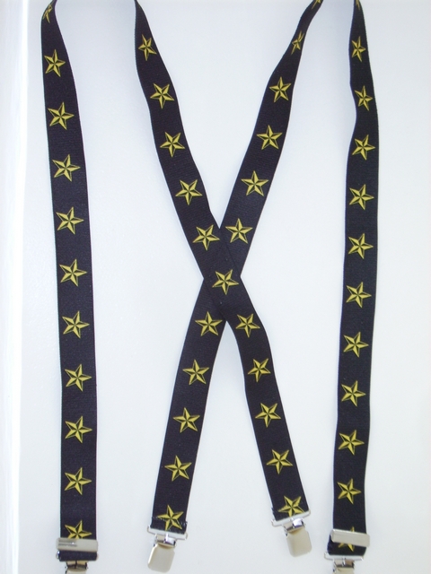 YELLOW STARS ON BLACK BACKGROUND 1 1/2"x 48"  Suspenders with 4 strong 1"X1" Grips and 2 Length Adjusters in the front, all in NICKEL FINISH. UB220N48NSKY